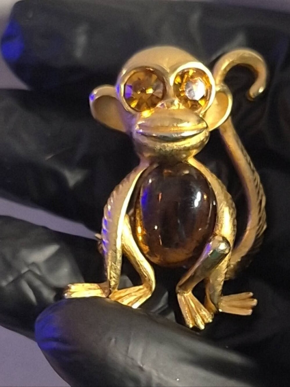Trifari Gold-Tone Jelly BelMonkey Brooch with Amber Cabochon and Rhinestone Eyes